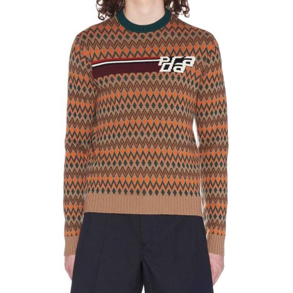 Prada AW/18 Runway Camel Brown Chevron Logo Cashmere Crew-Neck Sweater